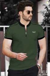 TRIPR Men Solid Mandarin Collar Cotton Blend Dark Green, Black T-Shirt