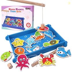 Toyshine Wooden Magnetic Fishing Game Toy with 12 Pcs - Multicolour -
