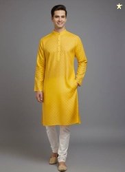 Tibra Collection Men Solid Cotton Blend Straight Kurta(Yellow)