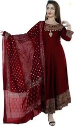 Baba Kurti Printed Rayon Blend Stitched Anarkali Gown(Maroon)