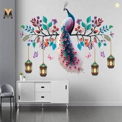 Housecreation 75 cm Colourful Peacock Wall Art Decal with Hanging Lant