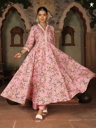 KIMAYRA Floral Printed Mirror Work Pure Cotton Anarkali Kurta with Pal