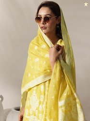 Libas Yellow Floral Woven Design Chanderi Silk Straight Kurta With Tro