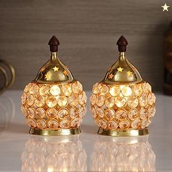eCraftIndia Set of 2 Golden Brass and Crystal Akhand Diya for Puja - D