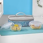 Vogue Borosilicate Glass Lunchbox with Bag | 2pc Square Container (320ml Each), Horizontal | Microwave & Dishwasher Safe, Leakproof | Tiffin for Office, School, College | Blue