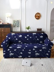 Cortina Navy Blue Floral Polyester Stretch Fit Straight 2 Seater Sofa