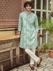 Shasak Men Floral Printed Band Collar Cotton Kurta
