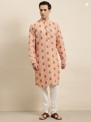 SOJANYA Men Peach-Coloured & Black Ikat Woven Design Pure Cotton Kurta
