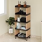 Plastic Multipurpose Storage Organizer with 5 Shelves for Home, Kitchen, Bathroom | Kitchen Trolley with Wheels (Brown and Ivory)
