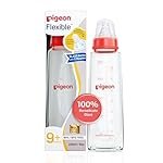 Pigeon Flexible Glass Nursing/Feeding Bottle With Added Nipple L,For 9+ Month Babies,Borosilicate Nursing/Feeding Bottle for Babies,BPA Free,BPS Free, Red,240 ml