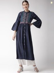 RANGMAYEE Women Navy Blue Chambray Embroidered Detail A-Line Kurta