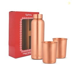 Lifelong 950 ml Copper Water Bottle with Set of 2 Glass | Natural Alka