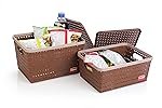 Nayasa Gloria Basket for Storage | Vegetable & Fruit Basket | Storage Box and Organiser Plastic Basket With Lid | Multipurpose Kitchen Organizer Rack | Big & Medium – Set of 2 | Brown