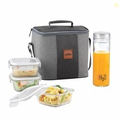 CELLO Glassy Square Lunch Box Set of 4 | (320ml x 3) & 1 Clear Glass W