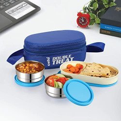 CELLO Double Treat Stainless Steel Lunch Box with Bag, Blue | 2 x 300