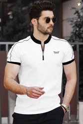 TRIPR Men Solid Mandarin Collar Cotton Blend White, Black T-Shirt