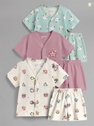 HELLCAT Kids Pack Of 3 Printed V-Neck Pure Cotton Jhablas With Shorts