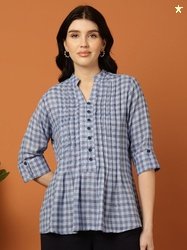 FFU Women Checked Roll-Up Sleeves Shirt Style Top