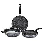 Amazon Solimo Aluminium 4 Piece Non-Stick Cookware Set | Granite Finish | Induction Base | PFOA Free | HTR Exterior Coating | 25 Cm Tawa, 22 Cm Kadai, 22 Cm Fry Pan, 1 Glass Lid | Grey