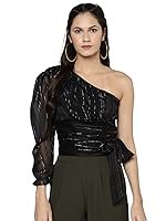 Sassafras Women’s One-Shoulder Long Sleeve Chiffon Crop Top with Stylish Tie-Up Side Detail