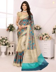 YASHIKA Printed Hand Batik Art Silk Saree (Blue)