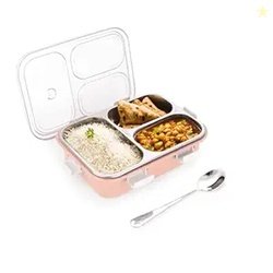 ATTRO Bento 3 Compartment Stainless Steel Lunch Box with Steel Cutlery