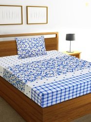 Aura White & Blue Floral Printed 160 TC Single Bedsheet with 1 Pillow