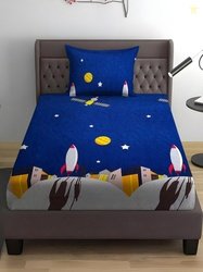 WEAVE AND DECOR Blue Conversational 300 TC Single Bedsheet with 1 Pill