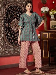 HERE&NOW Floral Printed Pure Cotton Kaftan & Trousers Co-Ords