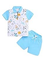 LITTLE NINJA Cotton Half Sleeves Space Theme Printed Polo Tee & Shorts Set – Blue & White