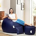 Amazon Brand Solimo Premium Faux Leather Bean Bag Combo with Footrest & Cushion Combo, Filled with Beans | Capacity: Upto 5.8 Ft Height, 85 Kg Weight | 2XL | Navy Blue