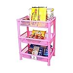 Sulfar Multipurpose Plastic Trolley with Dish Rack for Kitchen Fruit Vegetable Storage Basket Modern Organizer – 3 Layer Stackable Shelf Cart Kitchenware Food, Snacks, Bottles, Toys (Pink)
