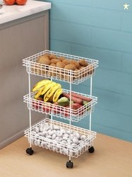 Kuber Industries Unisex Metal 3-Layer Fruits & Stand with Wheels White