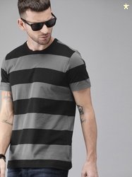 Roadster The Lifestyle Co Men Charcoal Grey Black Striped Round Neck P