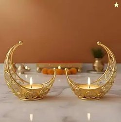 Moon Shaped Crystal Tea Light Candle Holders (Pack of 2) | Diwali Teal