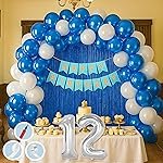 12th Birthday Decoration Items Blue and White Theme Combination for Boys Girls | 50 Pc Blue White Balloon | 2 Pc Blue Foil Curtain| Blue Birthday Banner | Pump | Arch Tape | Glue Dots
