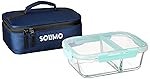 Solimo Microwave Safe Two Compartment Lunch Box Set for Office with Bag | Borosilicate Glass | Safety Lock Airtight Tiffin Containers (540 ml) | Transparent | Slim Design