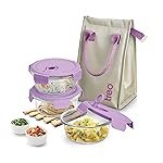 Treo by Milton Lumino Fresh Round Borosilicate Glass Lunch Box Set of 3, Purple Lid, 400 ml Each with Lunch Bag, Microwave & Dishwasher Safe, Leak Proof Containers Office Tiffin