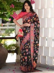 GLOSIA DESIGN Floral Embroidered Silk Blend Heavy Work Banarasi Saree