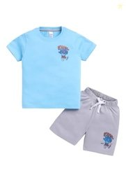 LITTLE NINJA Cotton Half Sleeves Shark Printed Tee & Shorts Set - Mult