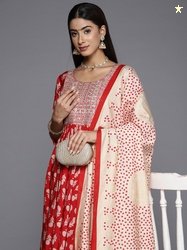 Libas Womens Red Printed Anarkali Kurta With Trousers & Dupatta