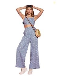 Blue Mughal Print Crop Top With Straight Pants