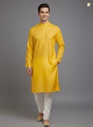 Tibra Collection Men Solid Cotton Blend Straight Kurta (Yellow)