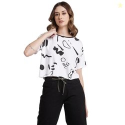 Spykar Women's Cotton Blended Boxy Fit Half Sleeve Round Neck Printed