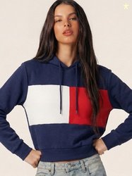 Tokyo Talkies Women Navy Blue & Red Colourblocked Hooded Sweatshirt