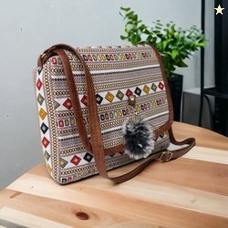 mas navi White, Brown Women Sling Bag Imported Fabric Vegan Leather Fa