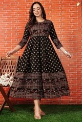 FROEBEL Printed Pure Silk Stitched Anarkali Gown (Black)
