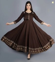 Nandi Printed Rayon Blend Stitched Flared/A-line Gown (Brown)