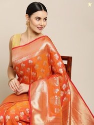 Royal Rajgharana Saree Orange & Gold Floral Zari Silk Blend Celebrity