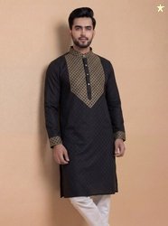 Tibra Collection Men Embroidered Cotton Blend Straight Kurta (Black)